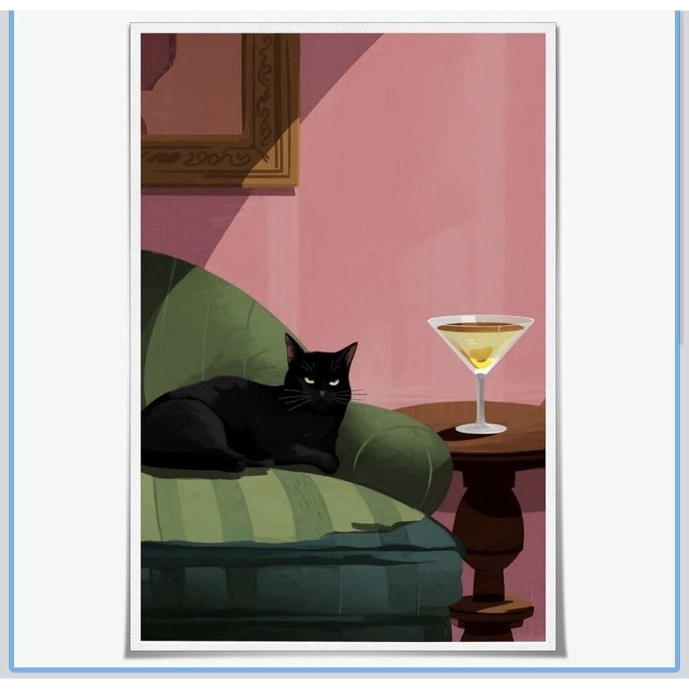 Cocktail Wall Art Black Cat with Martini Art Print Cute Quirky 16x24 Unframed